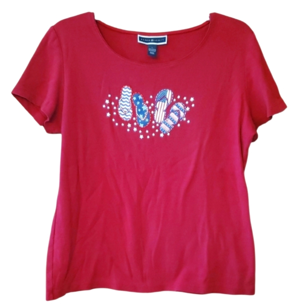 Karen Scott Women's Red Short Sleeve 4th Of July Flip Flop Graphic Top Size L
